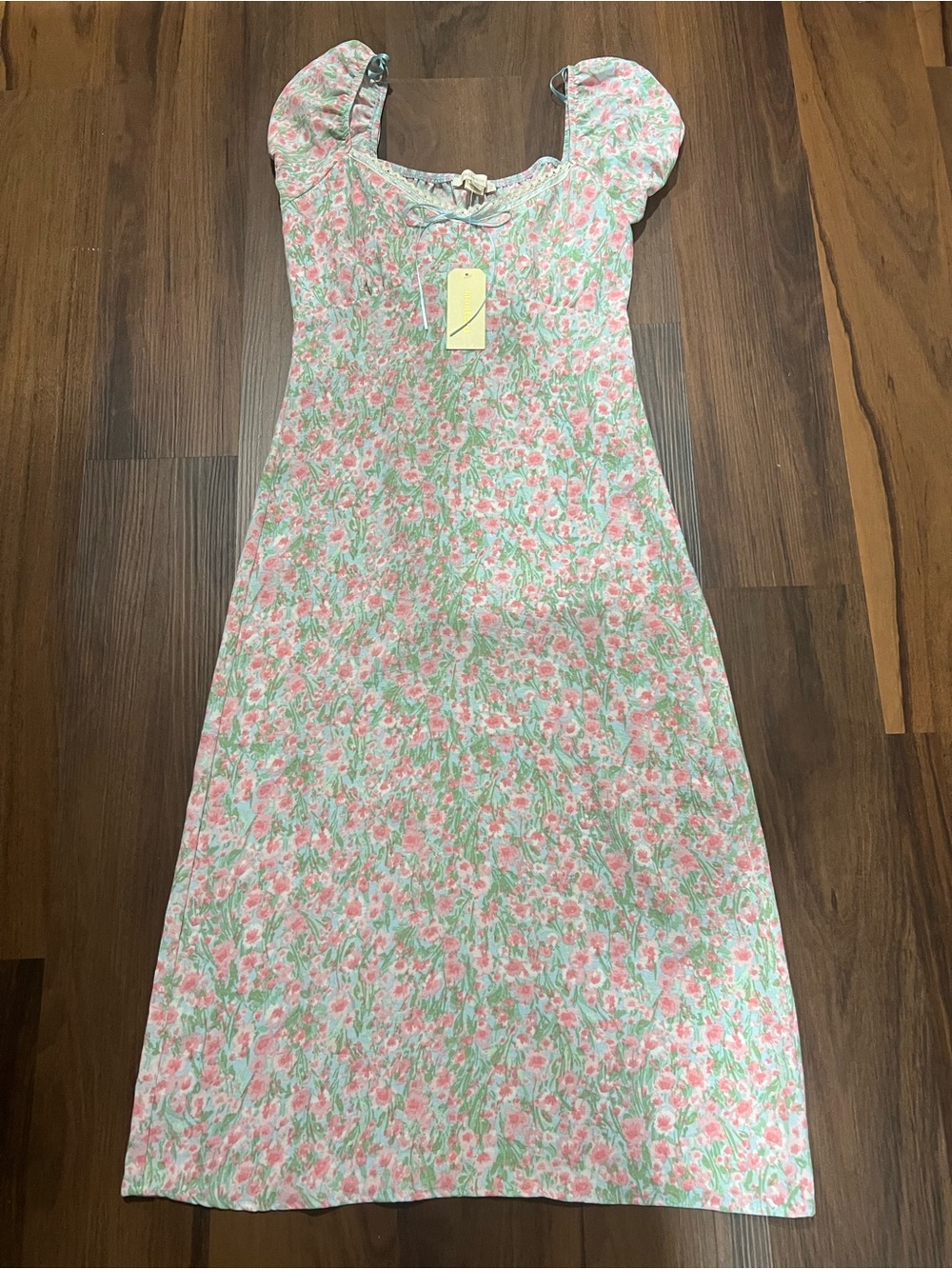 Monteau Pink & Green Floral Puff-Sleeve Dress